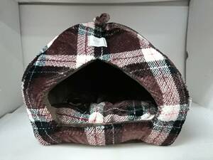 ●ペットベッド 犬 猫 フランネル ドーム型 ペットハウス ド クッション 2WAY 35×35×35㎝ チェック柄 ブラウン ふわふわ あったか 