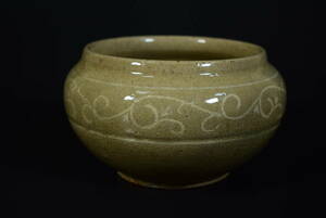 【和】(7083)　時代古作　青磁象嵌壺　在銘有　作家物　作家物　花生　花瓶