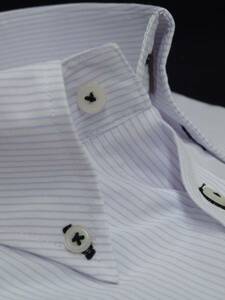 ◇M-39白*薄ピンク+青ストライプ/ボタンダウンノーアイロン半袖ビジネスワイシャツ新品即決