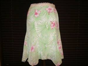 美品 プライベートレーベル 日本製 ボタニカル柄 花柄 フレアー マーメイド スカート Sサイズ 36号 ライトグリーン 黄緑 ピンク 