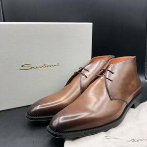 M2817 ほぼ未使用 Santoni サントーニ レザー チャッカブーツ ショートブーツ メンズ 46/28.0cm相当 ブラウン 茶 革靴 プレーントゥ 