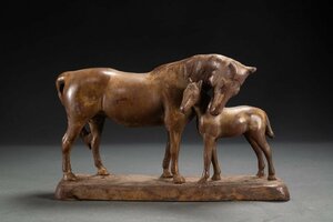 【善古堂】某名家買取品 時代物 鉄鋳 親子馬紋置物 インテリア 西洋彫刻 古美術 骨董品0210-31　