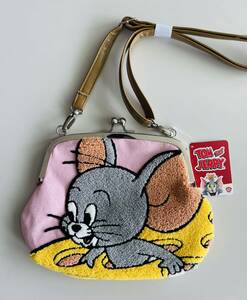 ★トムとジェリー サガラ刺繍 がま口ポーチ タフィー★TOM and JERRY 小物入れ ポシェット ショルダー バッグ ピンク　ニブルス