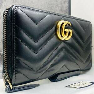 美品●GUCCI●グッチ 長財布 GG マーモント ラウンドジップ キルティング メンズ レディース ビジネス レザー 本革 ブラック 黒 ファスナー