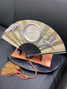 #1897 TOYO 水晶時計 寿 扇型 松 鶴 金 日本製 クォーツ QUARTZ 動作未確認 JAPAN 純和風 置物 インテリア 東洋時計 レトロ