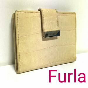 正規品 FURLA クロコ レザー 二つ折り財布 財布 コンパクト ウォレット フルラ イタリア製 ベージュ