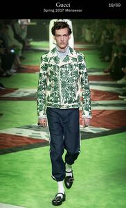 【定価約200万円】2017SS ランウェイモデル GUCCI（グッチ）ディアスキン 鹿革 スタッズ レザージャケット ボタニカル柄 グリーン メンズ