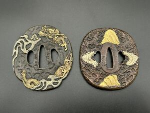 【Q4-2】鍔 刀装具 まとめて2点 細工唐銅金銀象嵌 赤銅波地 在銘 龍 時代物