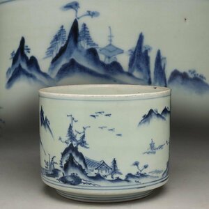 ER597 時代物 染付山水文筒鉢・青花山水紋筆筒 高12cm 重985g・青華山水風景紋文筆筒