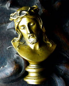 貴重 フランスアンティーク 封蝋 カシェ 荊冠のイエスキリスト胸像シーリングスタンプ 彫刻家刻印入り 聖品 宗教美術 真鍮作品