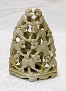 13110/中国古玩 石 細密彫刻 猿１０匹 オブジェ 置物 天然石 鑑賞石 飾物 細密細工 古美術品