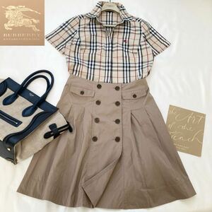 ★大きいサイズ★美品★バーバリー BURBERRY 44/13号/XL-3L メガチェックシャツ&トレンチデザインスカート スーツ ビジネス 旅行 夏コーデ