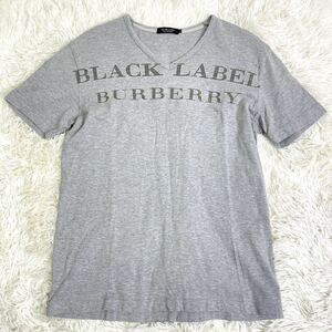 507美品 L相当 バーバリーブラックレーベル BURBERRY BLACK LABEL Tシャツ 半袖 Vネック プリントロゴ グレー 3