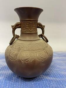 ■壺　吉秀作 銅製 銅器 金工細工浮彫 四君子 花入 花瓶 飾壺 花器 茶道　時代物【閉店骨董品処分】