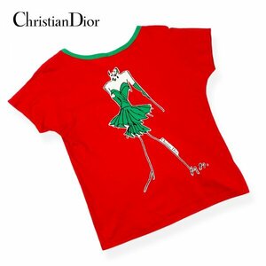 ★美品/激レア★ Christian Dior クリスチャン ディオール ヴィンテージ Tシャツ バックプリント Vネック レッド×グリーン Mサイズ