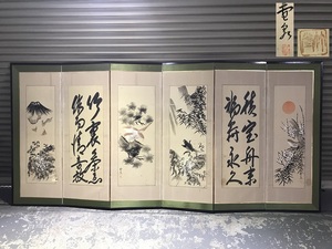 ■引取歓迎■屏風■書道 山水 花鳥 鷹 雀 日本 絵画■旧家 蔵出し 骨董 美術 花道 茶道 和室 インテリア 時代物 アンティーク レトロ 在銘