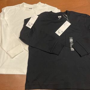 ★新品★ユニクロ クルーネックTシャツ 長袖 140 黒 白 2点セット キッズ 定価3,000円 UNIQLO U 兼 男女兼用 ロンT 長袖Tシャツ