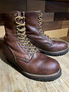 PT91プリントレッドウィング 4418 ロガー ブーツ 茶 刻印入り 94年製 スチールトゥ インナー付きredwing 寒冷地仕様検2218