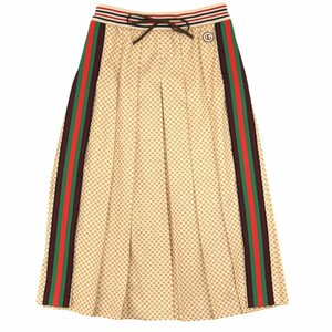 美品 グッチ インターロッキングロゴ 総柄 プリーツ ロングスカート レディース ベージュ L シェリーライン GG コットン GUCCI