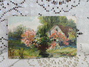 アンティーク　ポストカード　絵葉書　桜の樹　森　川　家　絵画　アメリカ切手1909年