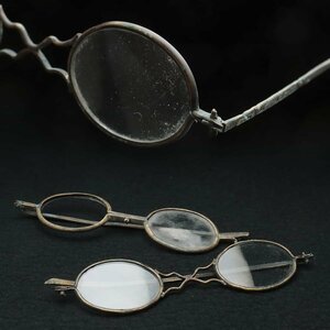 JJ500 時代 銅縁 小型眼鏡 二点 総重25g・古メガネ・蟹眼鏡・めがね