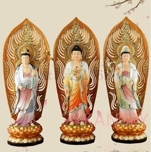 佳品 仏教三聖工芸品　精密彫刻　極上品　仏師で仕上げ品 西方三聖立像
