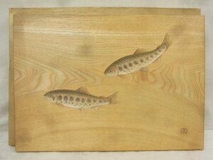 E3127 文サイン 香魚図 木彫 手彩色 38×27 飾板
