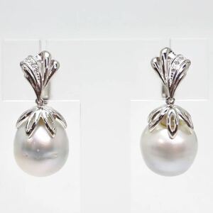 大珠!!＊K14WG南洋白蝶真珠/天然ダイヤモンドイヤリング＊b 12.8g 13.5~14.0mm珠 South Sea pearl jewelry necklace EC1/EC3