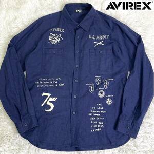 510美品希少 Lサイズ 麻55% アヴィレックス AVIREX リネン 長袖 シャツ 春夏 VIET-NAM ベトナム ペイントデザイン ネイピー