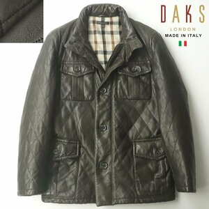 美品 DAKS LONDON ダックス 羊革 ラムレザー 中綿入り キルティング レザーコート 茶 48(JP:L) 裏ハウスチェック【参考価格￥198,000-】