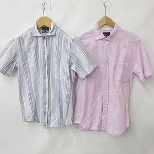 メイルアンドコー シャツ ワイシャツ 2枚セット 半袖 ホリゾンタルカラー ボタンダウン ストライプ 白 紫 ピンク M