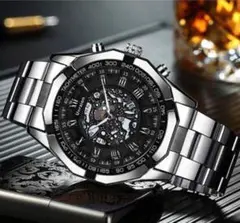 d53○彫スケルトンUnraion 腕時計メンズ ラグジュアリーステンレス 黒