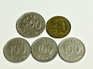 韓国硬貨 5枚セット 500ウォン×1枚(1997) 100ウォン×3枚(1994,5,6) 10ウォン×1枚(1979) 外国コイン 海外 世界 South Korea won