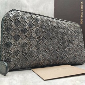 極希少/付属品付き●BOTTEGA VENETA ボッテガヴェネタ メンズ 長財布 パイソン ラウンドファスナー エキゾチック ヘビ レザー ダークグレー