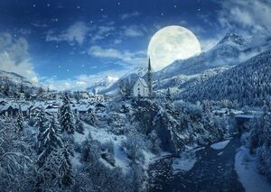 銀世界の雪国と幻想的なスーパームーン ホワイトクリスマス 絵画風 壁紙ポスター 特大A1版 830×585mm はがせるシール式 034A1