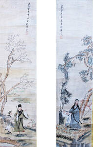 中国文物　古書画　有田焼窯元収蔵品　新羅山人人物図対幅軸　肉筆　久