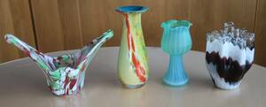 レトロ　ガラス花瓶　4点　練り込みガラス　吹きガラス　花器　フラワーベース　昭和　アンティーク　ビンテージ　生花