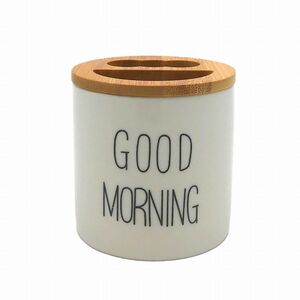 歯ブラシスタンド GOOD MORNING 英文字 木製の蓋付き ナチュラル雑貨 陶磁器製