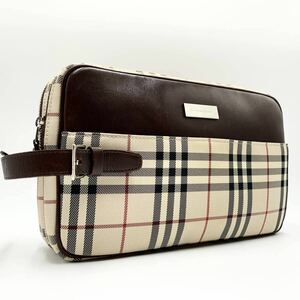 極美品●BURBERRY バーバリー セカンドバッグ クラッチバック ダブルファスナー ノバチェック キャンバス ロゴプレート メンズ ビジネス