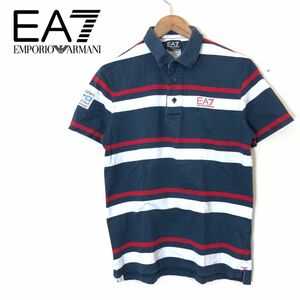 A1572-F◆ EA7 EMPORIO ARMANI エンポリオアルマーニ 半袖ポロシャツ ボーダー ◆ sizeM コットン100 ネイビー レッド 古着 メンズ 春夏