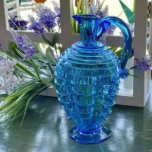 r194 琉球グラス 手づくり 水差し 海を思わせるようなブルーカラーが素敵 手作りならではの温かみのあるデキャンタ インテリア雑貨