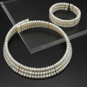 L669 淡水真珠 パール チョーカー ネックレス ブレスレット セット 3連 デザイン