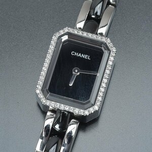 1円 美品 CHANEL シャネル プルミエール ダイヤベゼル 腕時計 稼働品 黒文字盤 シルバー レディース クォーツ 電池交換済 Mck.k