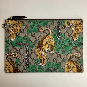 営YY43-60Y 美品 GUCCI グッチ クラッチバッグ セカンドバッグ GGスプリーム タイガー トラ W約30.5cm H約21cm D約1cm