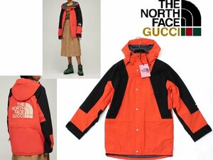 40万新品◆XS◆グッチ GUCCI×THE NORTH FACEコラボ ロゴ刺繍 オレンジ系×黒 フーディーマウンテンパーカー 1円