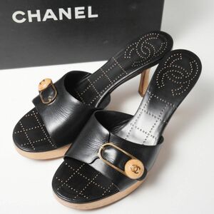 GP8266△伊製*CHANEL シャネル*レザー*CC ココマーク*ミュール サンダル*シューズ*ブラック×ベージュ系*size37/23.5cm相当*箱付き