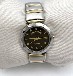 ロイヤルモントレス 18K GOLD CROWN RM-6002L クォーツ 黒文字盤 レディース腕時計【電池交換済み】