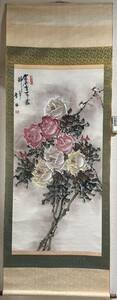 中国　黄鶴作　薔薇　紙本肉筆　着色水墨画　中国美術　唐物