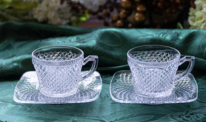 1928年~ ウエストモアランド イングリッシュホブネイル クリスタル ダイヤモンド カップ＆ソーサー 2客 コーヒー ティー 紅茶 アンティーク