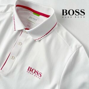 (美品) ヒューゴ ボス HUGO BOSS 吸汗速乾 ストレッチ ポロシャツ M ホワイト ピンク 半袖 シャツ 